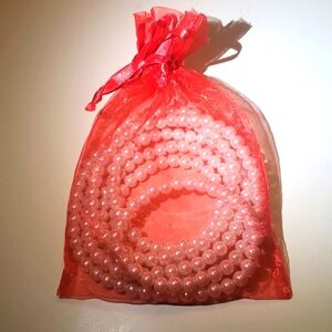 $5 Sale! Single String Pearl Necklace with red mesh jewelry bag